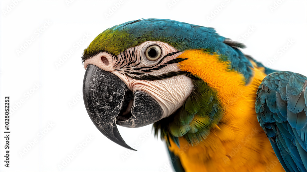 Vibrant macaw with colorful feathers and intricate pattern close-up portrait view. Vibrant macaw with colorful feathers and intricate pattern close-up portrait view.