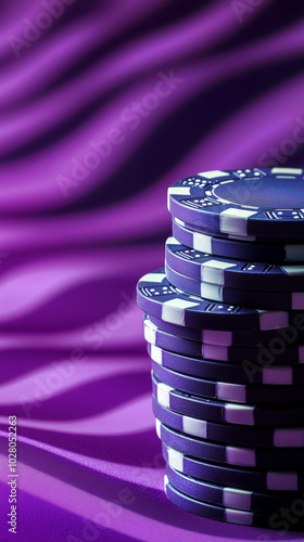 Stacked purple casino chips against a rich fabric background poised for gaming.