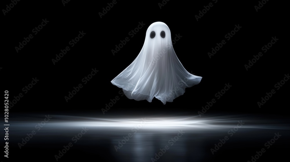 Ghostly figure is floating in the air, with its eyes wide open and staring at the camera. The image has a spooky and eerie mood, evoking feelings of fear and unease Ghostly figure is floating in the air, with its eyes wide open and staring at the camera. The image has a spooky and eerie mood, evoking feelings of fear and unease