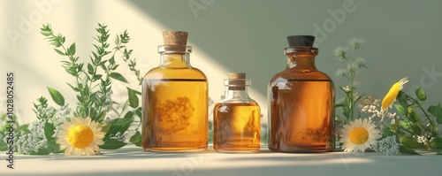 Herbal tinctures, vintage bottles in calming light, 3D illustration photo