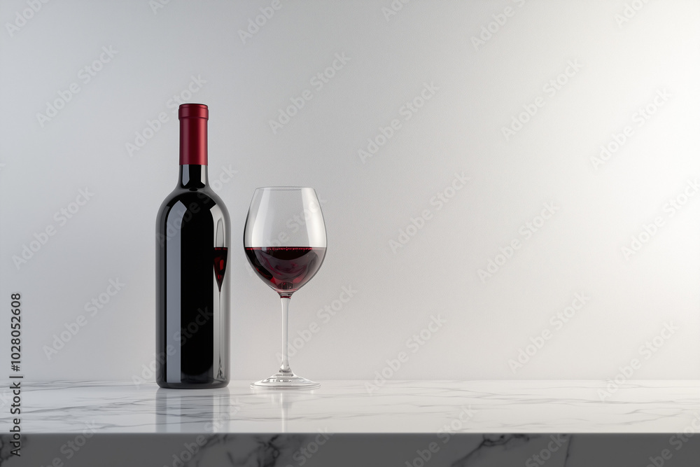 Elegant Wine Bottle with Glass Staying on the Marble Table Elegant Wine Bottle with Glass Staying on the Marble Table