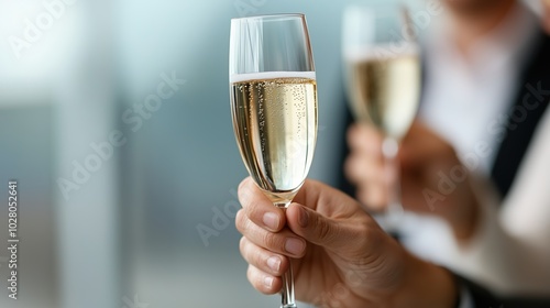 Person is holding a wine glass with a lot of bubbles in it. The bubbles are rising to the top of the glass, creating a frothy appearance. The person appears to be enjoying the bubbles and the wine