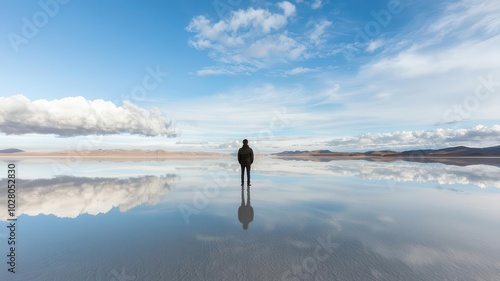 Traveler standing on the edge of the Salar de Uyuni in Bolivia, the world s largest salt flat, with the sky reflected on the ground   Salar de Uyuni, salt flats, surreal travel photo