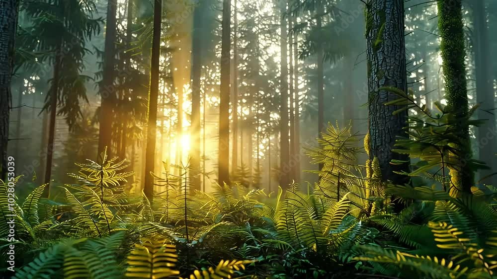 A sunbeam pierces through a dense forest canopy, illuminating the lush ...