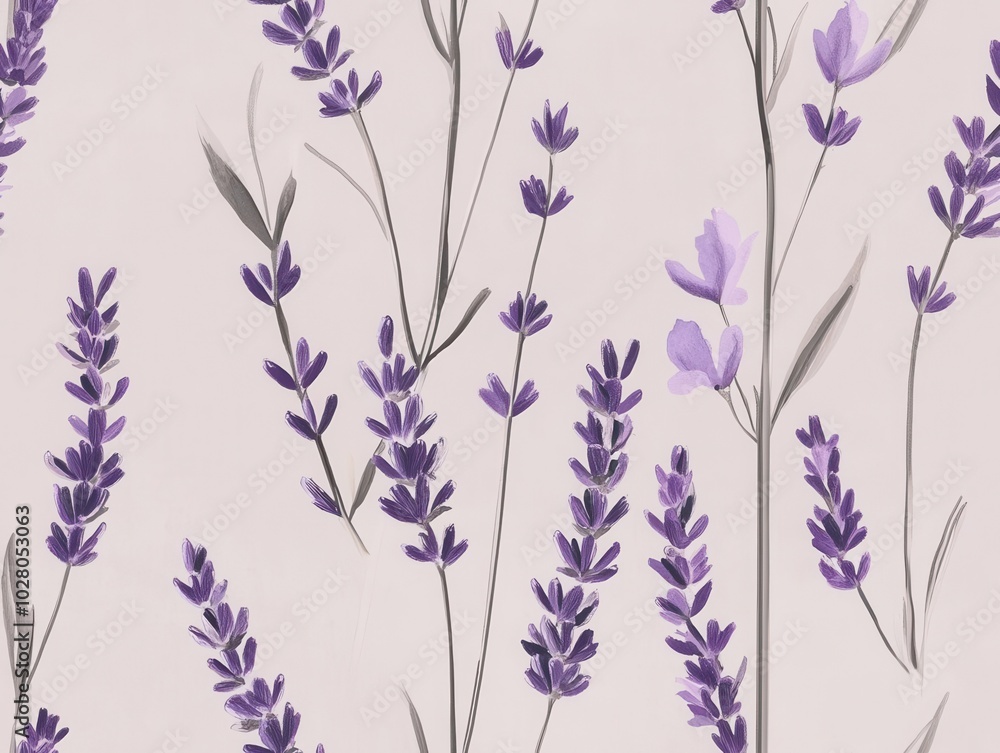 Minimalist lavender stems in soft hues, seamless pattern, floral elegance, modern botanical Minimalist lavender stems in soft hues, seamless pattern, floral elegance, modern botanical