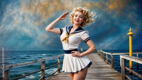 Pin up woman wearing sailor dress saluting on a pier by the sea