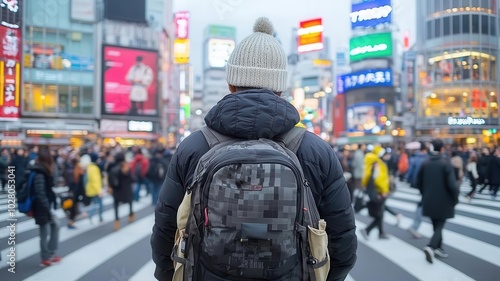 Traveler walking along the famous Shibuya Crossing in Tokyo, surrounded by neon lights and crowds Shibuya Crossing, Tokyo, urban travel