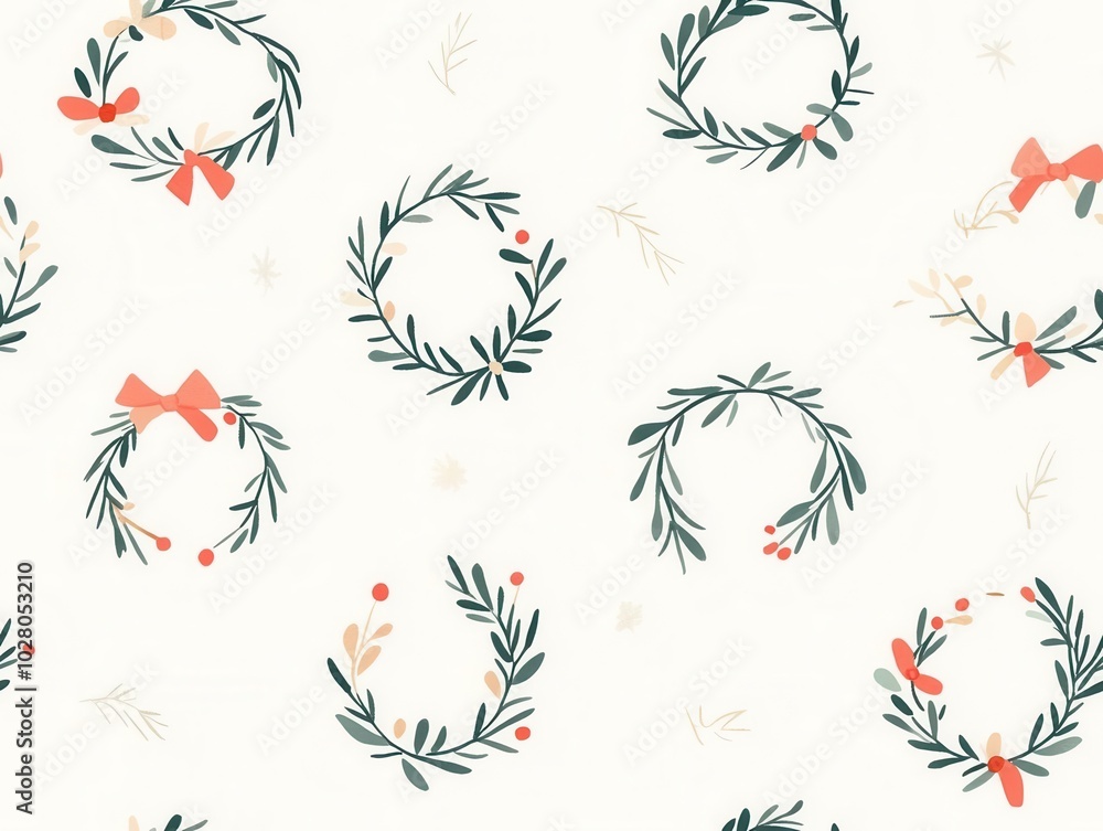 Tiny Christmas wreaths with simple bow details, seamless pattern, minimalist wreath, subtle holiday style Tiny Christmas wreaths with simple bow details, seamless pattern, minimalist wreath, subtle holiday style