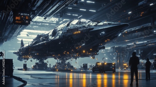 Fototapeta Naklejka Na Ścianę i Meble -  Futuristic spaceship docked in a high-tech space station hangar.