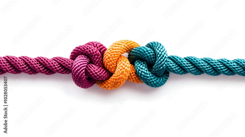 Vivid ropes in various colors tied into a complex knot, isolated on white, unity in diversity concept for teamwork Vivid ropes in various colors tied into a complex knot, isolated on white, unity in diversity concept for teamwork