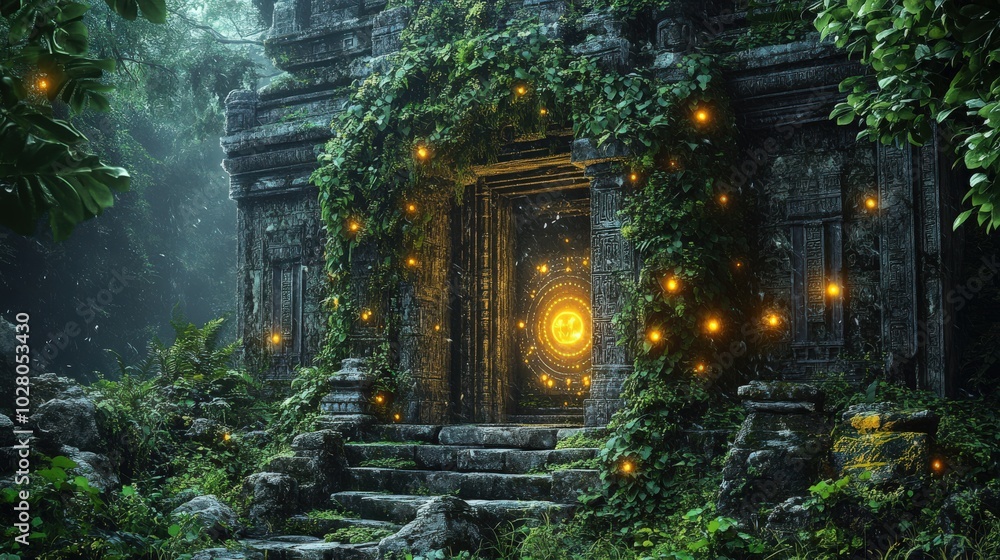 Mystical ancient temple with a glowing portal in a lush, overgrown jungle. Mystical ancient temple with a glowing portal in a lush, overgrown jungle.