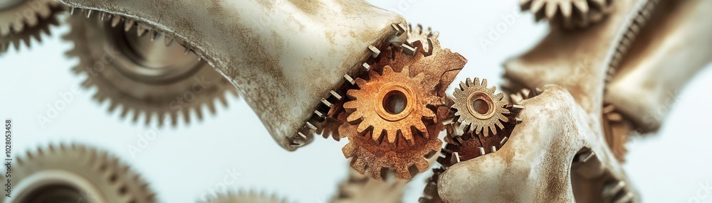 Artistic rendering of human joints made of gears and cogs, with one section visibly broken to symbolize mechanical wear and pain Artistic rendering of human joints made of gears and cogs, with one section visibly broken to symbolize mechanical wear and pain
