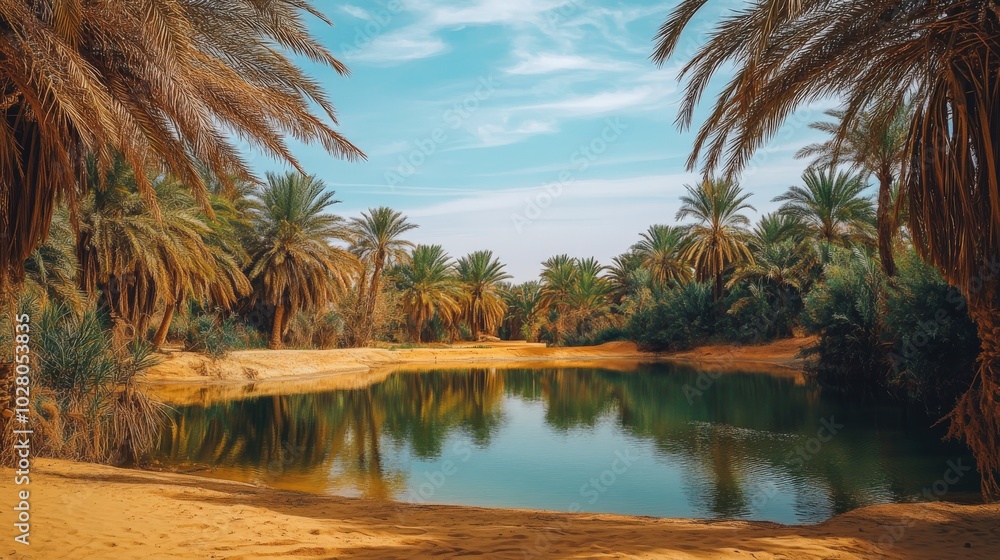 Obraz premium Serene oasis surrounded by lush palm trees under a bright blue sky.