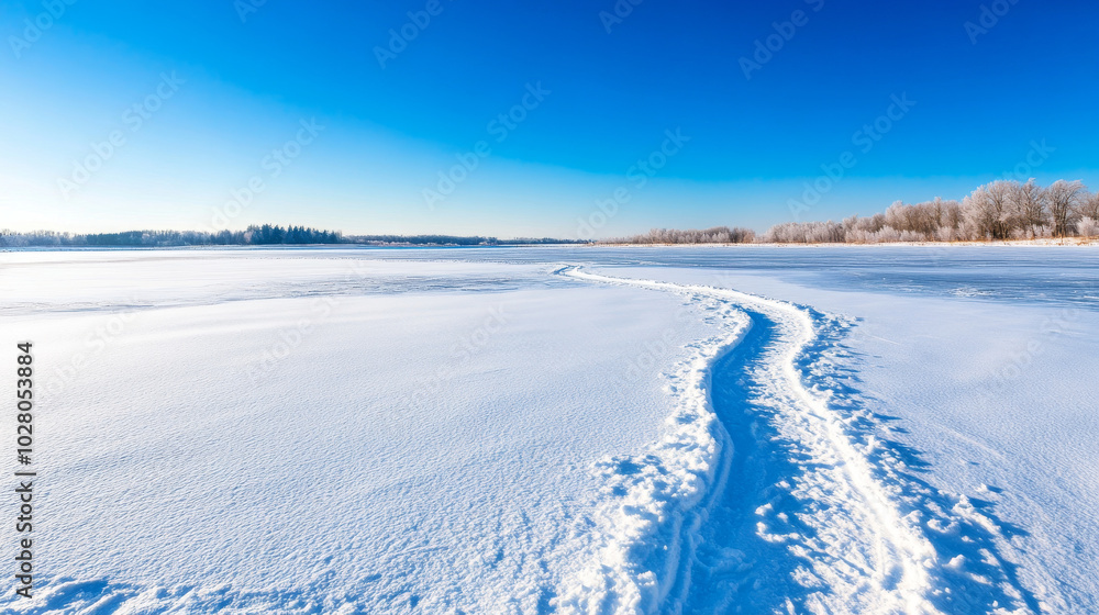 A serene winter landscape featuring snow covered frozen lake under clear blue sky, with distinct tracks leading across pristine surface. A serene winter landscape featuring snow covered frozen lake under clear blue sky, with distinct tracks leading across pristine surface.