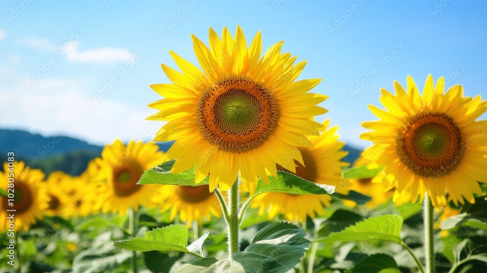 Bright sunflowers bloom under a clear blue sky in a vibrant field. Bright sunflowers bloom under a clear blue sky in a vibrant field.