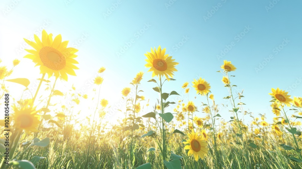 Bright sunflowers bloom under a clear blue sky. Bright sunflowers bloom under a clear blue sky.