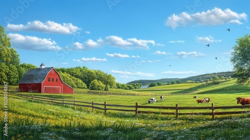 Idyllic rural farm scene with a red barn and grazing cows under a blue sky.