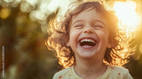 Close-up of a child laughing with pure joy, natural light, soft focus,