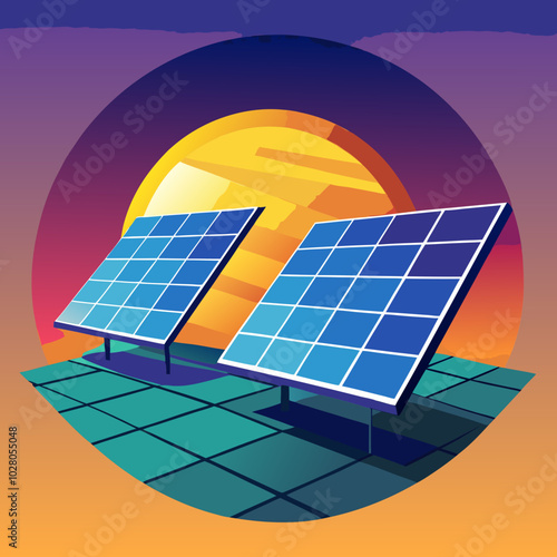 Solar Power at Sunset: Two solar panels stand tall against a vibrant sunset, symbolizing clean energy and a sustainable future. The design is bold and graphic.