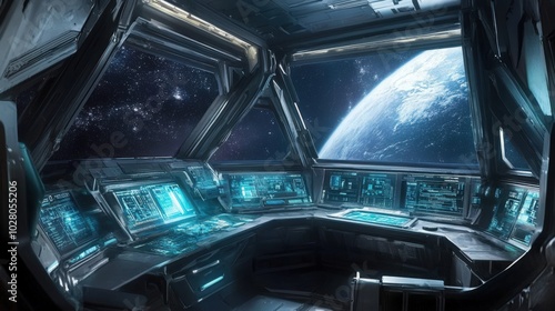 Fototapeta Naklejka Na Ścianę i Meble -  Futuristic spaceship cockpit overlooking Earth and outer space.