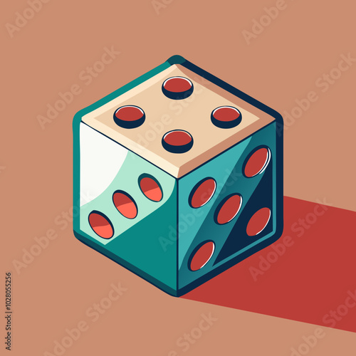 Retro Dice Roll: A stylized illustration of a teal and cream die, casting a dramatic shadow against a warm terracotta background, evokes a sense of vintage charm and chance. 