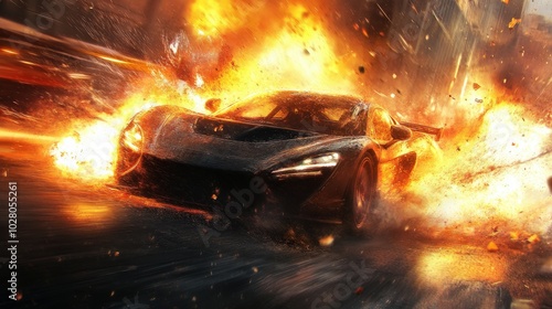 Sleek sports car speeding through a fiery explosion in dramatic urban scene.