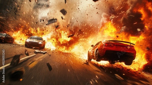 Dramatic car chase scene with explosive action and fiery destruction.