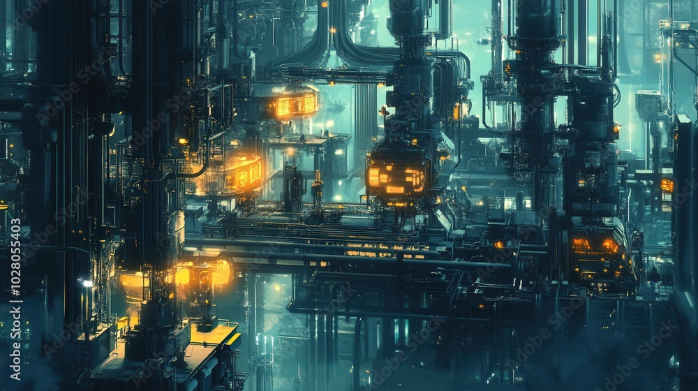 Fototapeta premium Futuristic cityscape with glowing neon lights and towering structures.