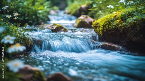 A close-up of calming nature sounds represented by soft flowing rivers, peaceful setting, perfect for relaxation,
