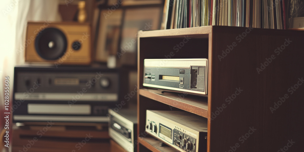 Obraz premium A shelf filled with vinyl records and cassette tapes