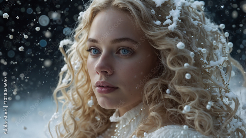 Woman With Long Curly White Blond Hair. Pearls Ribbons Flying Through The Atmosphere, Ai Generated Woman With Long Curly White Blond Hair. Pearls Ribbons Flying Through The Atmosphere, Ai Generated