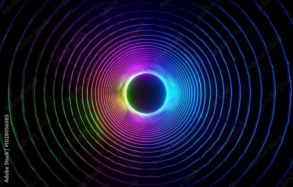 Fototapeta premium A dark background with concentric circles of neon light, emanating from a central point.