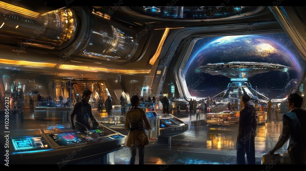 Futuristic space station bustling with diverse travelers. Futuristic space station bustling with diverse travelers.