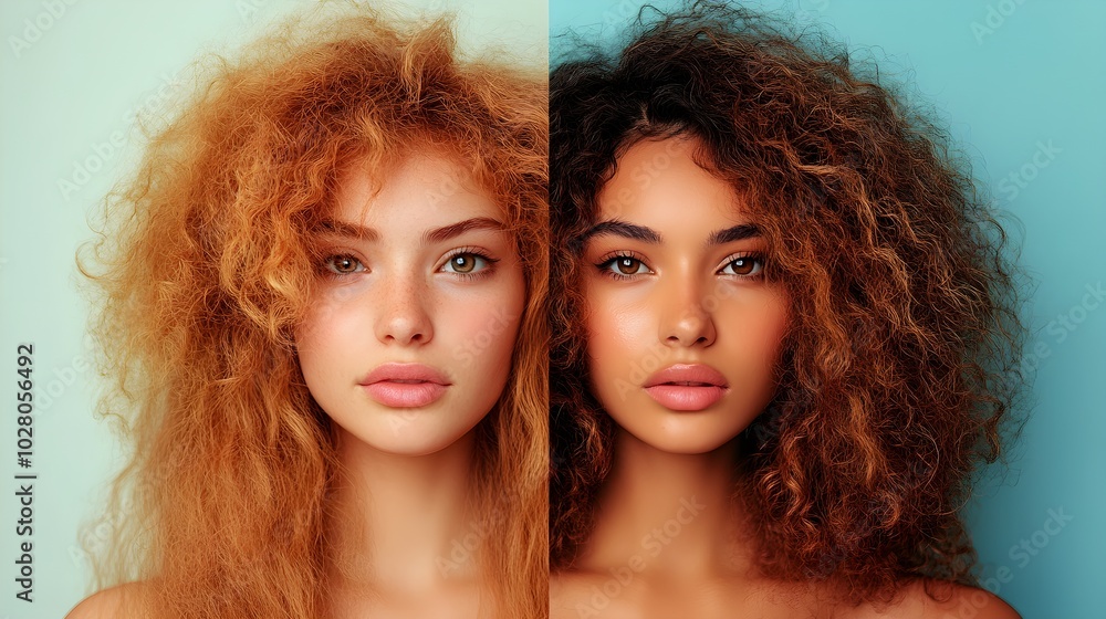 Vibrant before-and-after of curly hair treated with honey, showing frizzy versus smooth, defined curls, Digital Art, Eye-catching colors, Instagram-style Vibrant before-and-after of curly hair treated with honey, showing frizzy versus smooth, defined curls, Digital Art, Eye-catching colors, Instagram-style