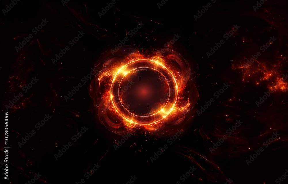A glowing, fiery ring in the center of a dark, swirling background. A glowing, fiery ring in the center of a dark, swirling background.
