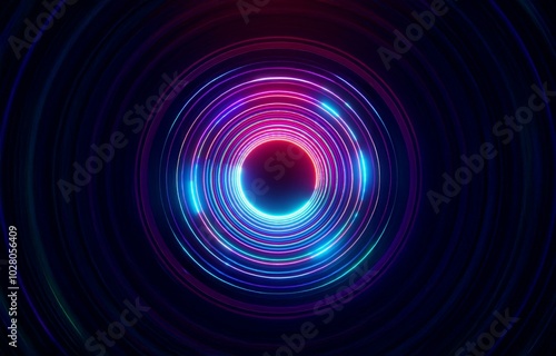 Circular neon lights on a dark background.