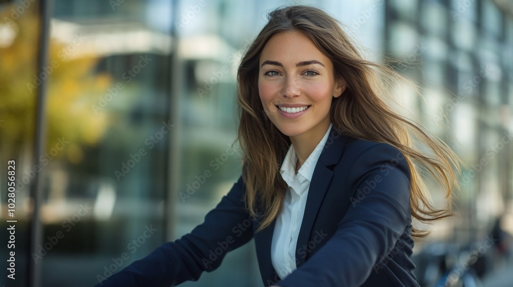 Smiling businesswoman in a suit riding a bicycle in a modern city. Smiling businesswoman in a suit riding a bicycle in a modern city.