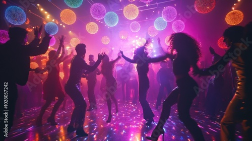 Vibrant dance floor with diverse group under colorful disco lights.