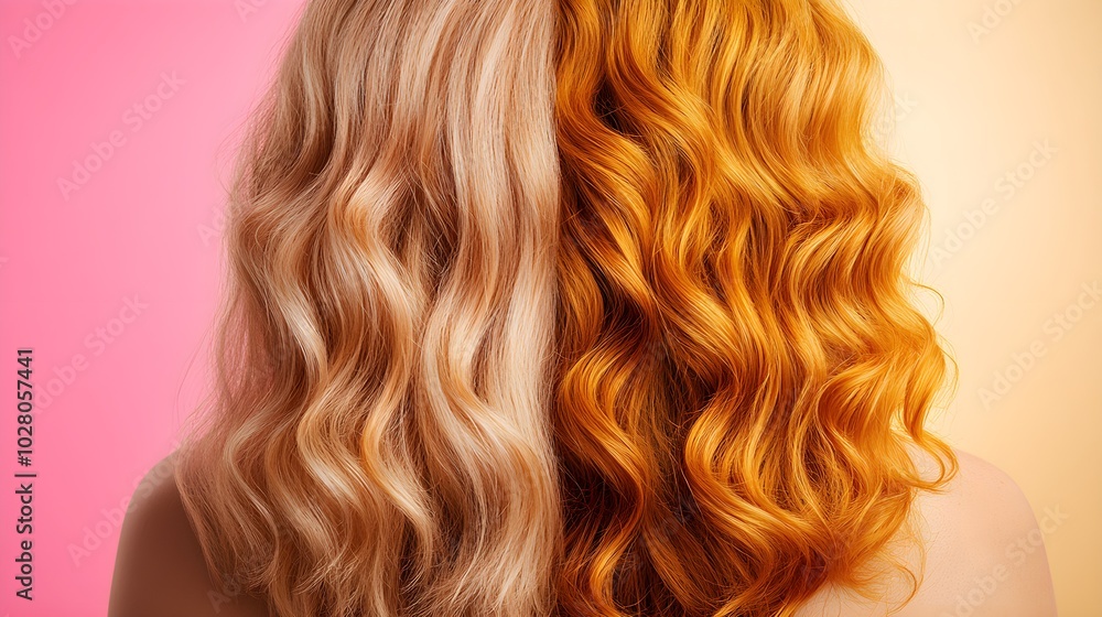 Naklejka premium Close-up of curly hair, before dry and unruly, after shiny, well-defined curls from honey styling treatment, High Detail, Soft Focus