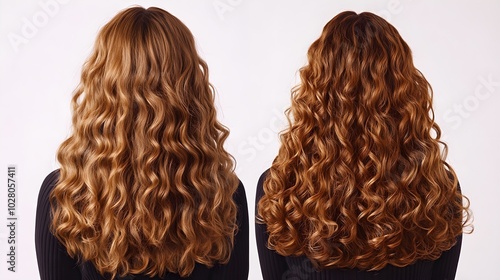 Side-by-side comparison of curls before and after honey treatment, highlighting improved texture and definition, warm tones, Digital Illustration, Clean Design photo