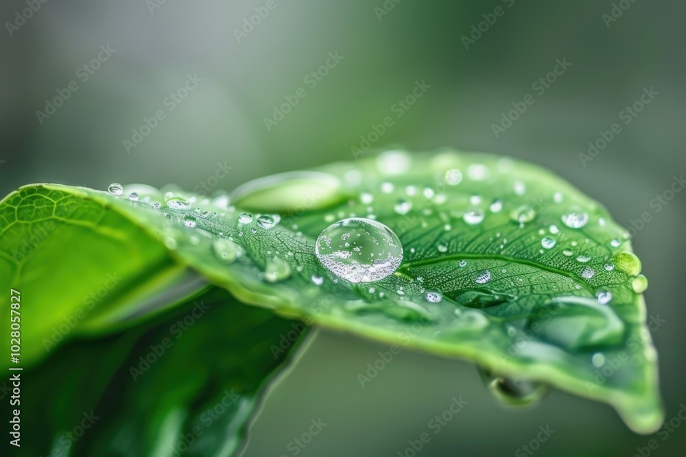 Water droplets on a green leaf with detailed vein texture. Nature and freshness concept. Water droplets on a green leaf with detailed vein texture. Nature and freshness concept.