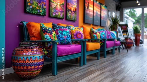 Art Gallery, vibrant colors, eclectic decor, indoor setting, inviting