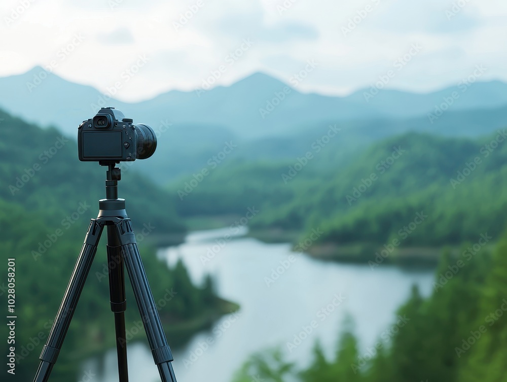 Camera on tripod capturing scenic view of mountains and river under a cloudy sky. Camera on tripod capturing scenic view of mountains and river under a cloudy sky.