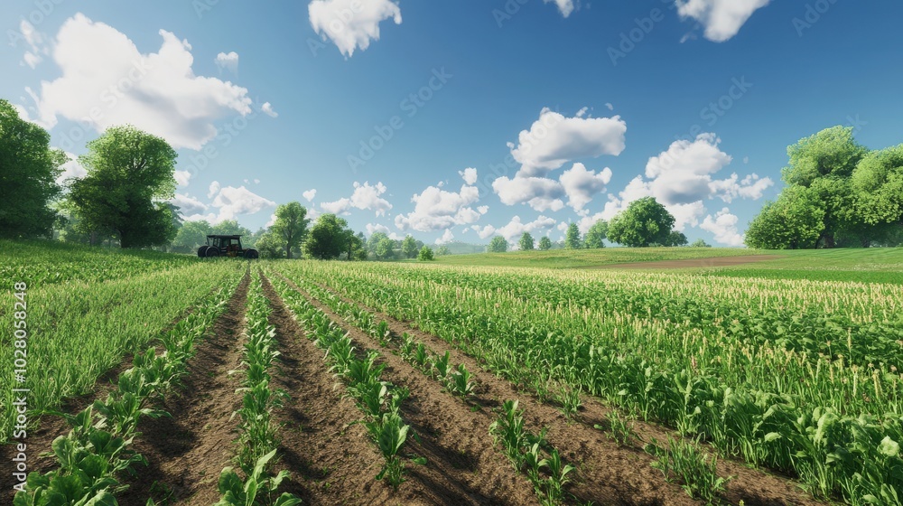 Lush green farm field under a bright blue sky with scattered clouds. Lush green farm field under a bright blue sky with scattered clouds.