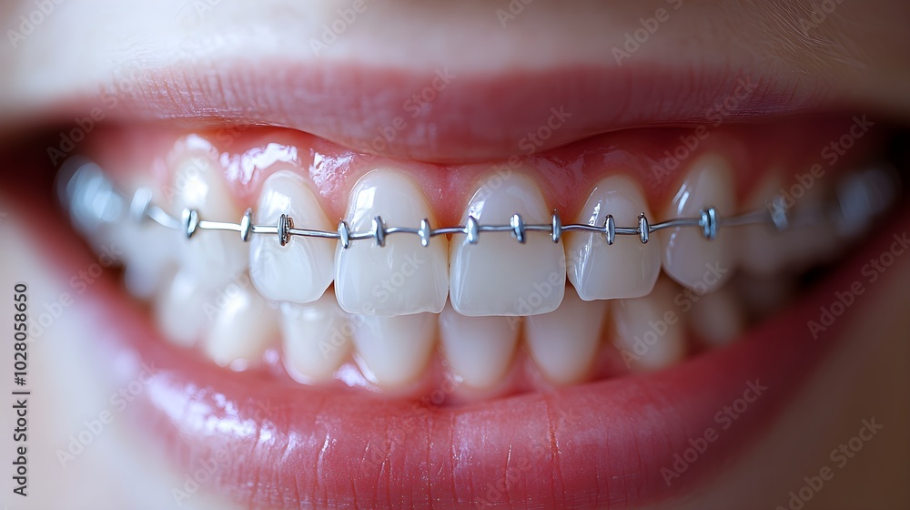 Fototapeta premium A close-up series of teeth before-and-after braces, paired with a success story of improved oral health and confidence, High Detail, White Studio Lighting