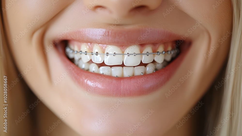 Obraz premium A patient's teeth transformation with braces, featuring an initial view of crooked teeth and the final outcome of perfectly straightened dental arches