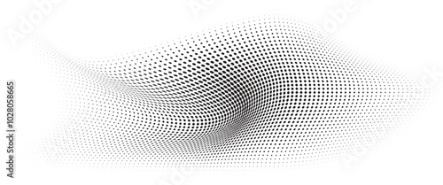 Flowing Wave Dot Halftone Pattern: Curve Gradient Shape on Transparent Background. Suitable for AI, Tech, Network, Digital, Science, and Technology Themes.