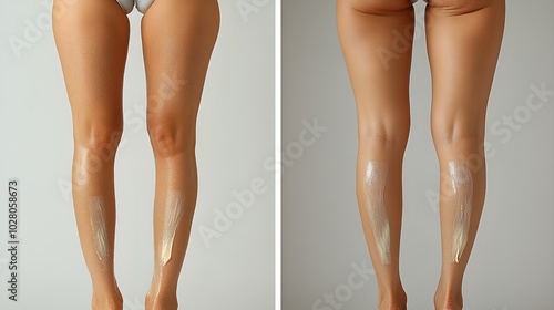 A detailed photo gallery showing the effectiveness of depilatory cream, with legs before treatment full of hair and smooth, hair-free results after