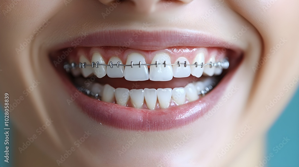 Obraz premium Before-and-after orthodontic transformation: photograph of a patient on the day they receive braces and on the day they are removed, showcasing a dramatic dental change