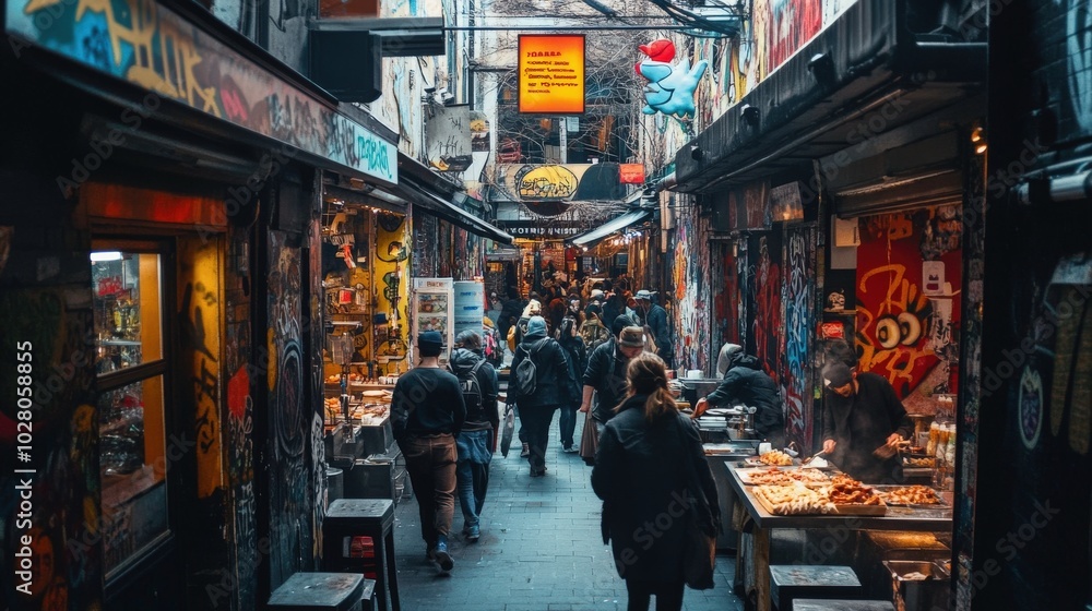 Crowded urban alley decorated with vibrant street art and bustling food stalls. Crowded urban alley decorated with vibrant street art and bustling food stalls.